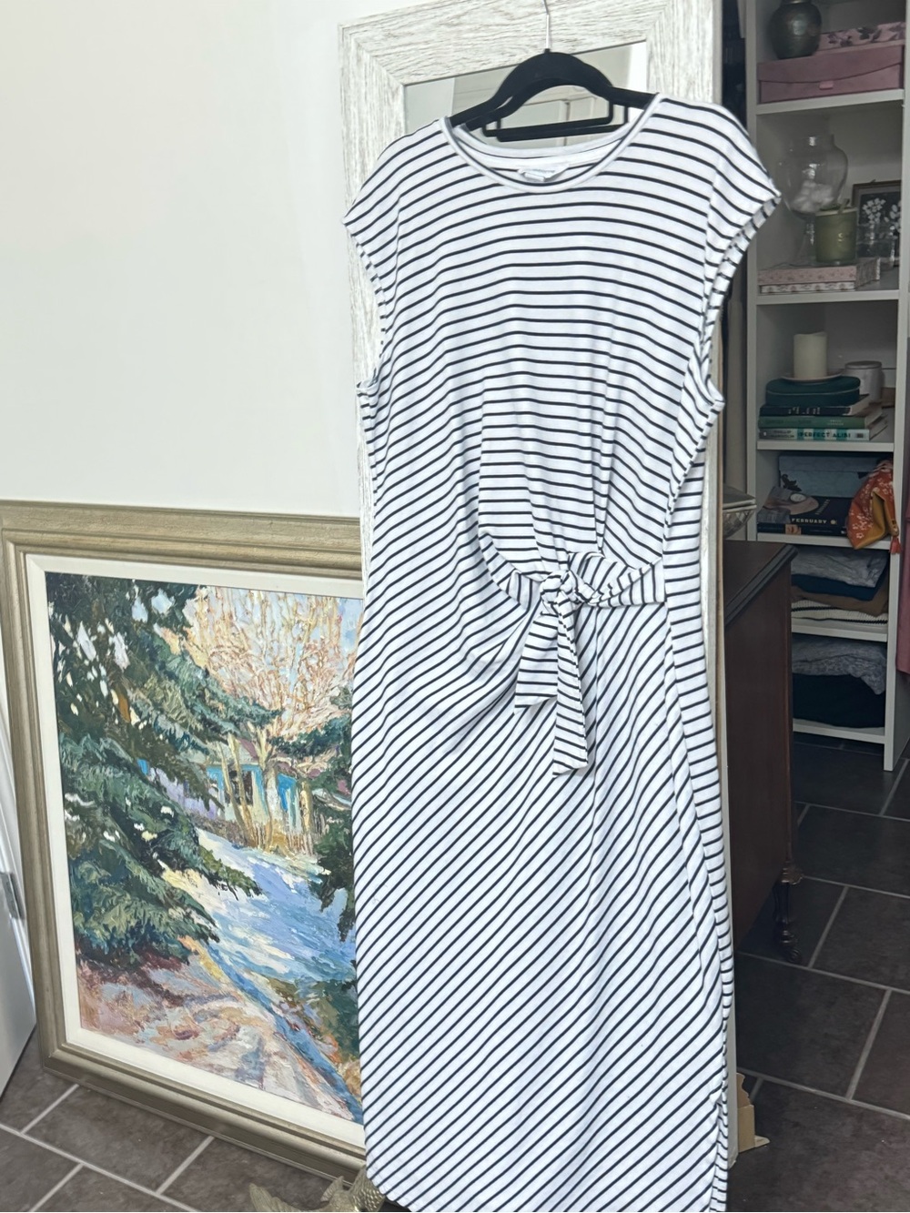 Claiborne Navy and White Striped Tie-Waist Midi Dress